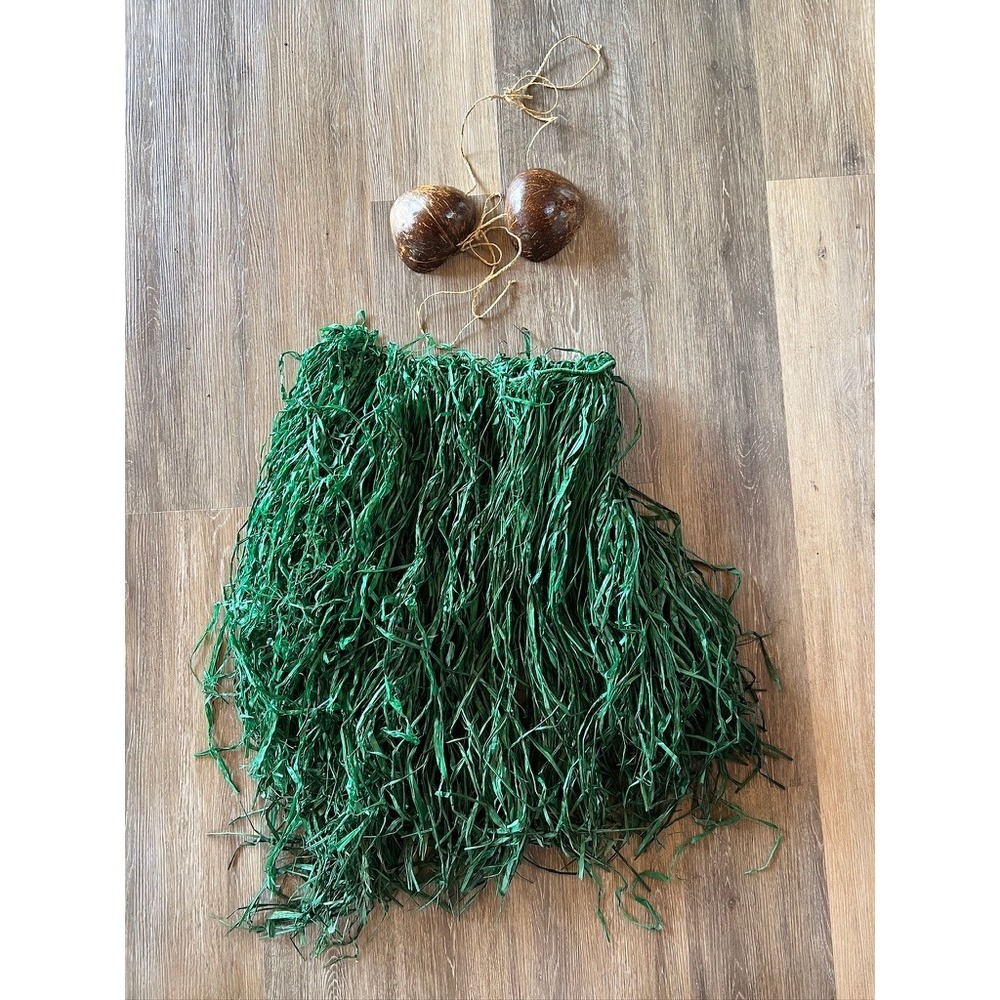Vintage Hawaiian Raffia Grass Skirt Coconut Shell Bra Luau Costume Set Dancer